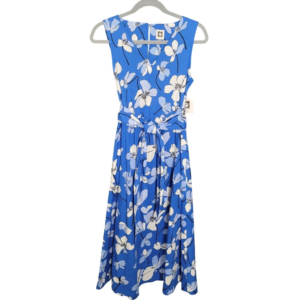 NWT Anne Klein Blue Floral Belted Mini Dress XS Sleeveless V-Neck Pockets Modest